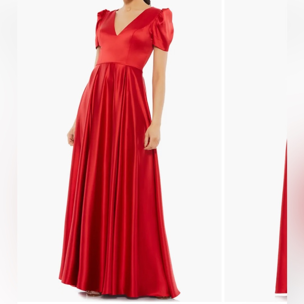 Mac Duggal Red Satin V-Neck Puff Sleeve Maxi Dress